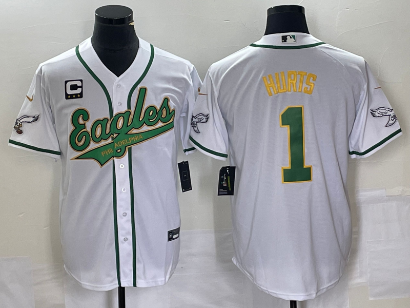 Men's White Philadelphia Eagles #1 Jalen Hurts Gold With C Patch Cool Base Stitched Baseball Jersey